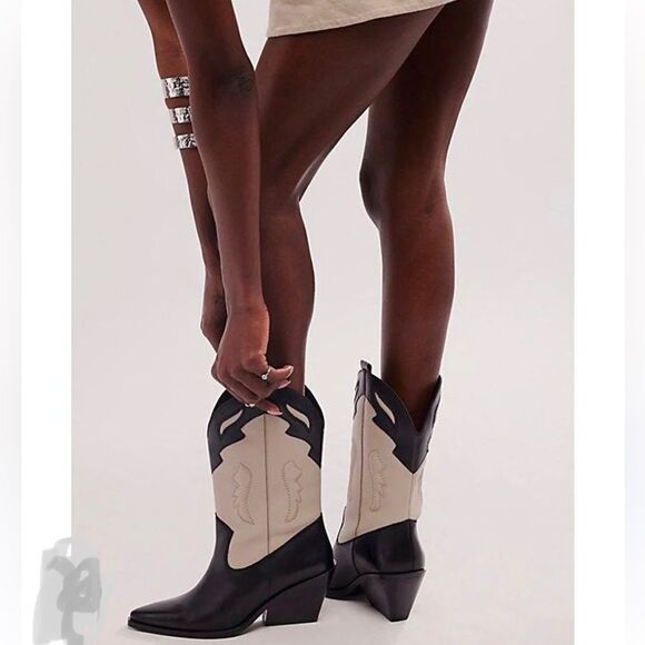 Free People Twin Flames Leather Western Cowboy Boots in Black/Ivory NEW in box - Picture 1 of 15